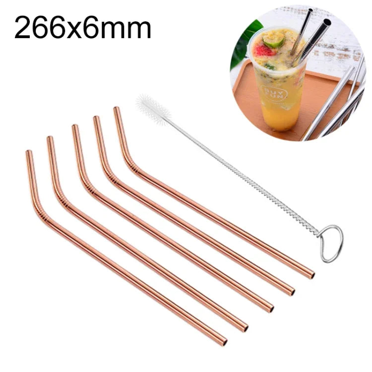 Bộ 5 ống hút thép không gỉ uốn cong tái sử dụng + cọ vệ sinh, 266*6mm, 266*6mm (uốn cong)