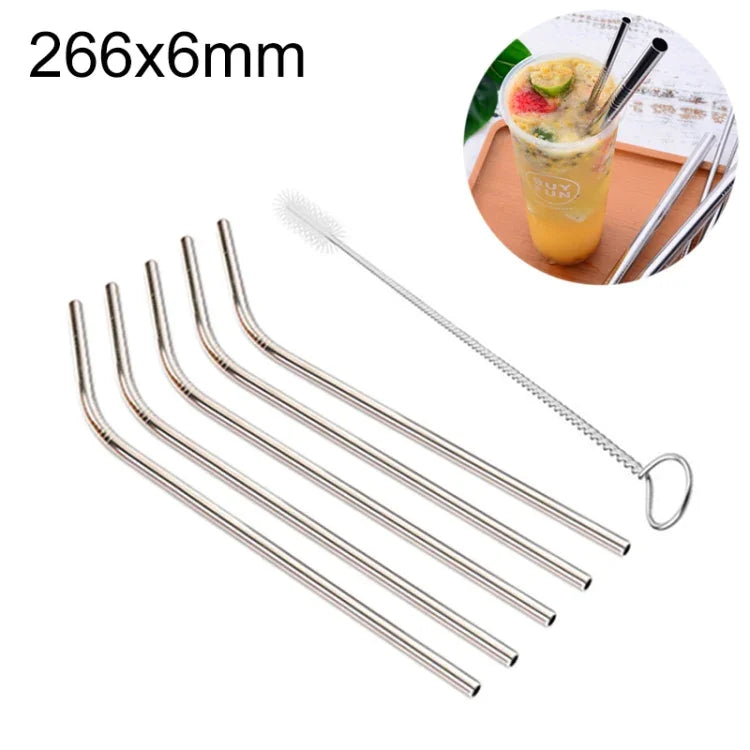 Bộ 5 ống hút thép không gỉ uốn cong tái sử dụng + cọ vệ sinh, 266*6mm, 266*6mm (uốn cong)