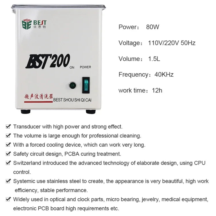 Máy làm sạch siêu âm thép không gỉ BEST-200 dung tích 1.5L (Điện áp 220V), BEST-200 1.5L