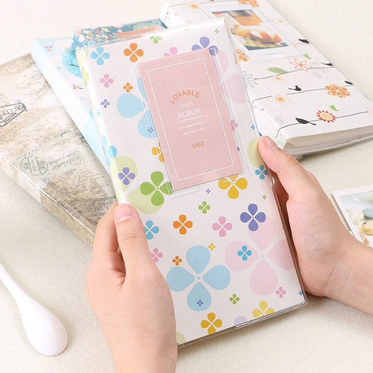 Album ảnh mini 3 inch tự làm sáng tạo kiểu chèn, họa tiết cỏ ba lá, họa tiết cây khô nhiều cây, họa tiết hươu rừng, họa tiết tháp sắt, họa tiết chim én nhỏ, họa tiết Baymax