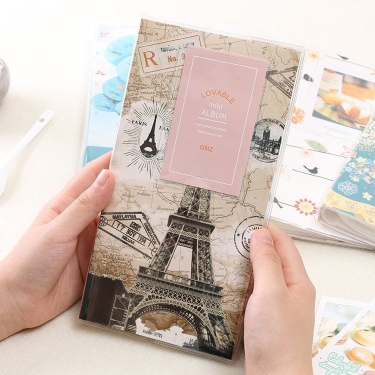 Album ảnh mini 3 inch tự làm sáng tạo kiểu chèn, họa tiết cỏ ba lá, họa tiết cây khô nhiều cây, họa tiết hươu rừng, họa tiết tháp sắt, họa tiết chim én nhỏ, họa tiết Baymax