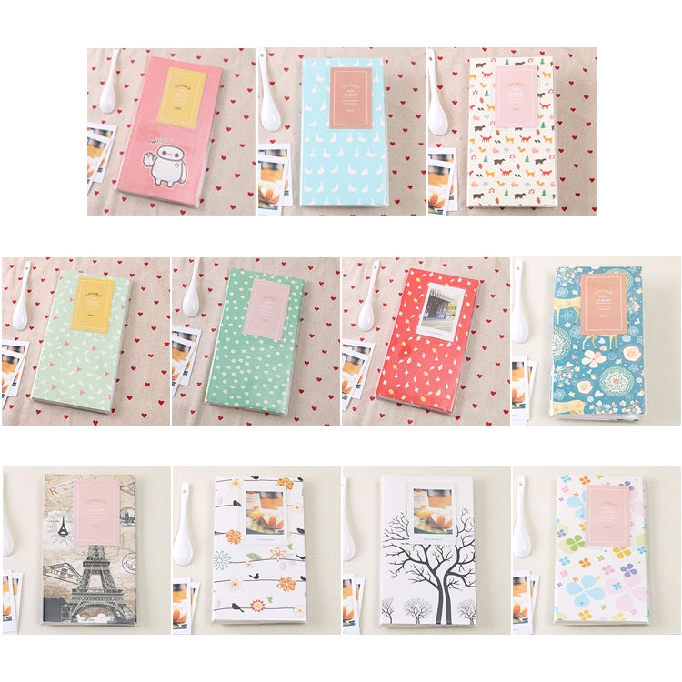 Album ảnh mini 3 inch tự làm sáng tạo kiểu chèn, họa tiết cỏ ba lá, họa tiết cây khô nhiều cây, họa tiết hươu rừng, họa tiết tháp sắt, họa tiết chim én nhỏ, họa tiết Baymax
