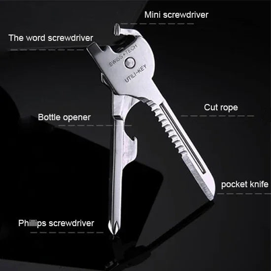 SWISS+TECH Móc Khóa Đa Năng 6 Trong 1 Bằng Thép Không Gỉ, Bộ Dụng Cụ Mini Gập Gọn Cho Ngoài Trời
