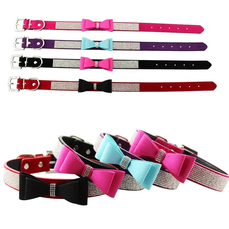 Vòng cổ thú cưng nơ đính kim cương giả phủ nhung, Vòng cổ chó, Kích thước: S, 1.5 * 37cm, Kích thước: S