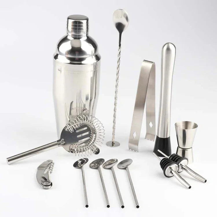 Bộ dụng cụ shaker cocktail inox 14 trong 1 kèm giá tre, dung tích: 750ml, 750ml, tre