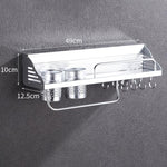 Giá đựng gia vị gắn tường đa năng không cần đục lỗ 50cm 2 cốc 8 móc, giá đựng gia vị nhựa không đục lỗ 50cm