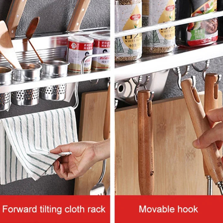 Giá đựng gia vị gắn tường đa năng không cần đục lỗ 50cm 2 cốc 8 móc, giá đựng gia vị nhựa không đục lỗ 50cm