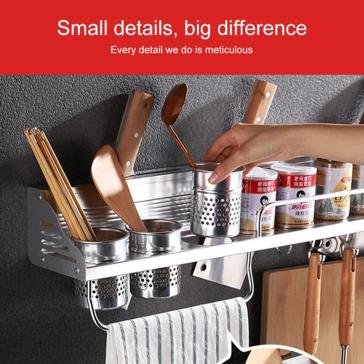Giá đựng gia vị gắn tường đa năng không cần đục lỗ 50cm 2 cốc 8 móc, giá đựng gia vị nhựa không đục lỗ 50cm