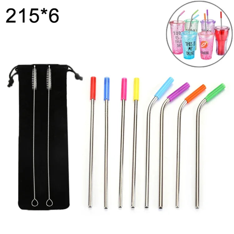 Bộ 8 đầu ống hút inox silicone tái sử dụng + 2 cọ vệ sinh kèm túi cashmere, 215*6mm