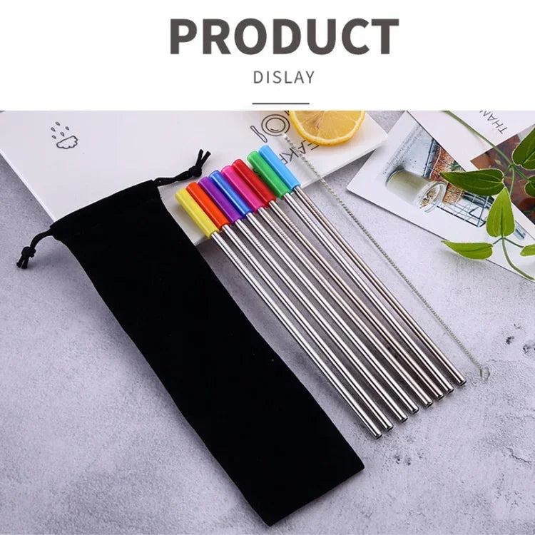 Bộ 8 đầu ống hút inox silicone tái sử dụng + 2 cọ vệ sinh kèm túi cashmere, 215*6mm