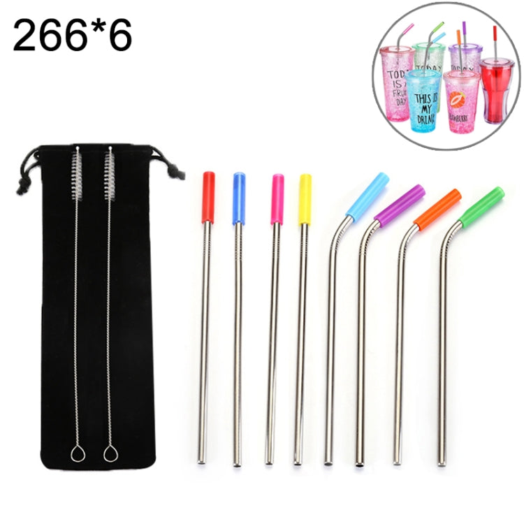 Bộ 8 đầu ống hút thép không gỉ silicon tái sử dụng + 2 bàn chải cọ kèm túi cashmere, 266*6mm, 266*6mm