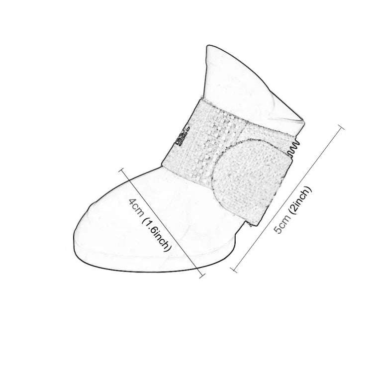 waterproof rubber dog shoes dimensions 5.0 x 4.0 cm, showing candy color design and magic tape closure.
