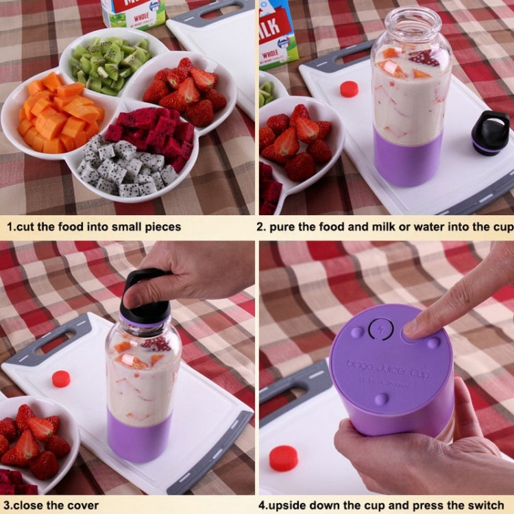 Máy ép trái cây mini cầm tay Bingo 500ml sạc USB, máy xay ép trái cây điện, 22000 vòng/phút, đầu lưỡi dao 2 cánh màu hồng, xanh lá, xanh dương, tím, đỏ