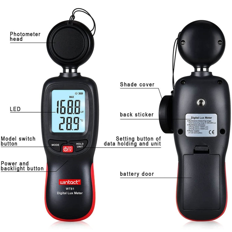 Máy đo ánh sáng kỹ thuật số Wintact WT81 cho nhà máy / trường học / nhà ở, Phạm vi: 0-200,000 Lux