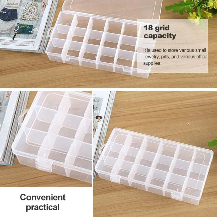 Hộp đựng nhựa tổ chức 18 ngăn có lưới tháo rời để đựng trang sức, bông tai, lưỡi câu, phụ kiện nhỏ, 18 ngăn