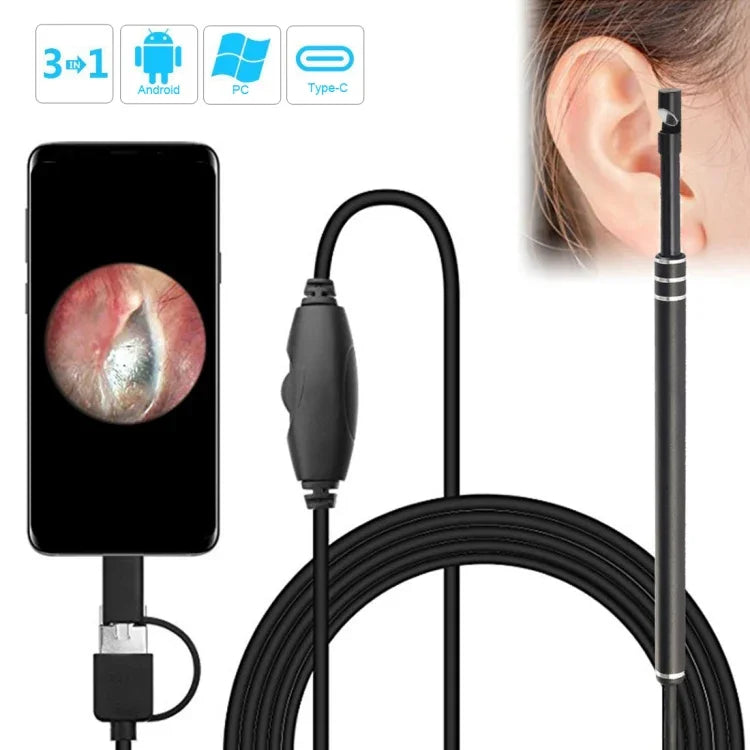 i96 3 trong 1 USB nội soi tai HD Camera 0.3MP, Muỗng tai quan sát cho điện thoại Android OTG & PC & MacBook, Dây dài 1.85m, 3 trong 1 Màu đen 0.3MP