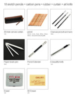 Bộ dụng cụ phác thảo cho người mới bắt đầu (18 cây bút chì phác thảo + bút chì than + tẩy + bút mực + dao nghệ thuật)