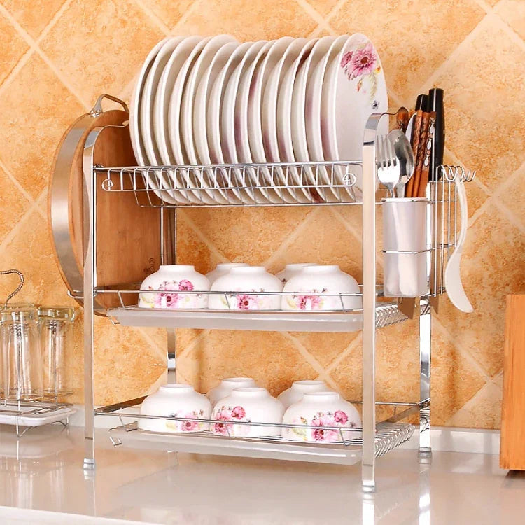 Giá đựng bát đĩa treo ba tầng hình hoa bằng thép không gỉ đa chức năng cho nhà bếp, ba tầng hình hoa
