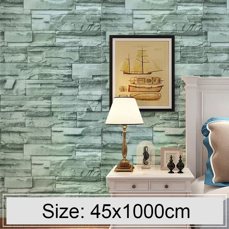 Giấy dán tường trang trí gạch đá 3D sáng tạo kiểu gạch xanh cho phòng ngủ và phòng khách, cuộn giấy dán tường chống thấm nước, kích thước: 45 x 1000cm, gạch xanh
