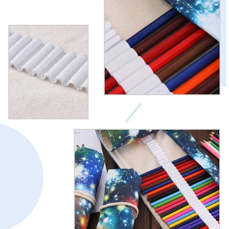 Túi bút vải bố in họa tiết thiên hà vũ trụ 36 ngăn, túi cuộn bọc bút, túi đựng văn phòng phẩm, 36 ngăn