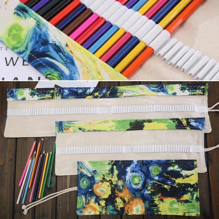 Túi bút vải in tranh sơn dầu Van Gogh 48 ngăn, túi bút cuộn rèm bọc bút, túi văn phòng phẩm, 48 ngăn
