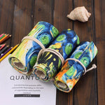 Túi bút vải in tranh sơn dầu Van Gogh 48 ngăn, túi bút cuộn rèm bọc bút, túi văn phòng phẩm, 48 ngăn