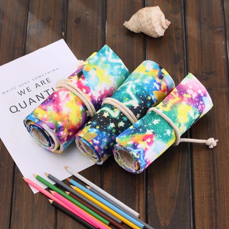 Túi Bút Vải Canvas In Hình Bầu Trời Sao 48 Ngăn Cuộn Lại Dùng Đựng Bút Dụng Cụ Văn Phòng, 48 Ngăn