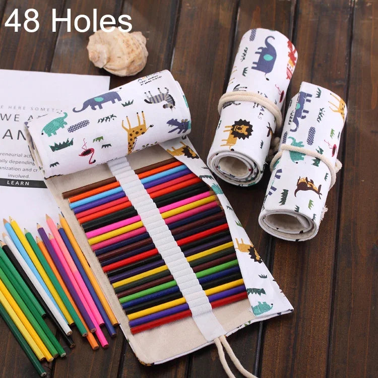 Túi bút vải bố in hình động vật hoạt hình 48 ngăn, túi cuộn bọc bút, túi đựng văn phòng phẩm, 48 ngăn