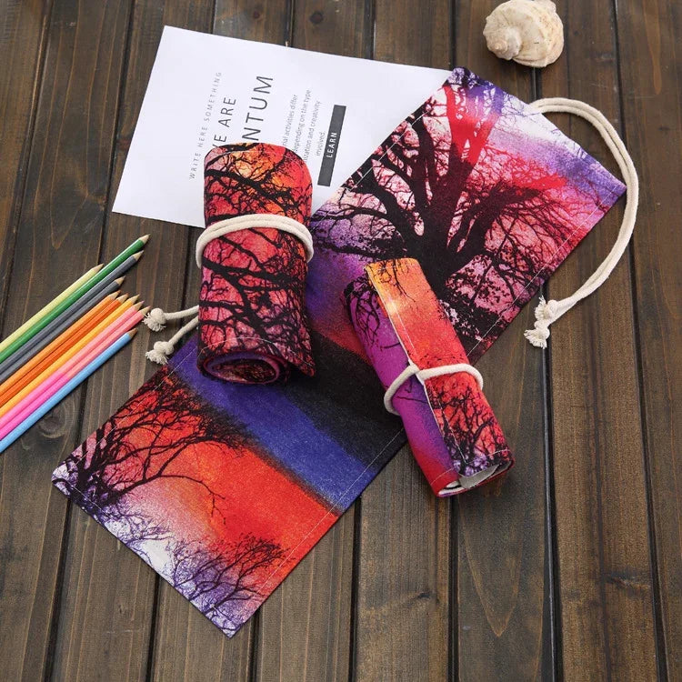 Túi Bút Vải Canvas In Hình Cây Hoàng Hôn 48 Ngăn Cuộn Lại Dùng Đựng Bút Dụng Cụ Văn Phòng, 48 Ngăn