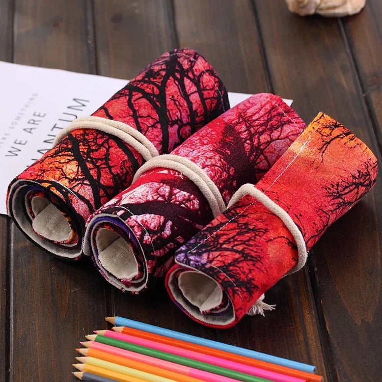 Túi Bút Vải Canvas In Hình Cây Hoàng Hôn 48 Ngăn Cuộn Lại Dùng Đựng Bút Dụng Cụ Văn Phòng, 48 Ngăn