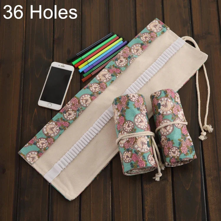 Túi bút vải canvas in đồng hồ hoa hồng 36 ngăn, túi cuộn bọc bút, túi đựng văn phòng phẩm 36 ngăn
