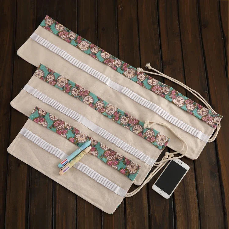 Túi bút vải canvas in đồng hồ hoa hồng 36 ngăn, túi cuộn bọc bút, túi đựng văn phòng phẩm 36 ngăn
