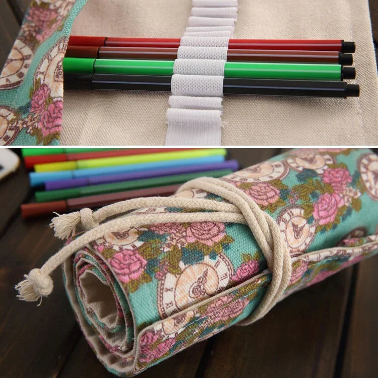Túi bút vải canvas in đồng hồ hoa hồng 36 ngăn, túi cuộn bọc bút, túi đựng văn phòng phẩm 36 ngăn