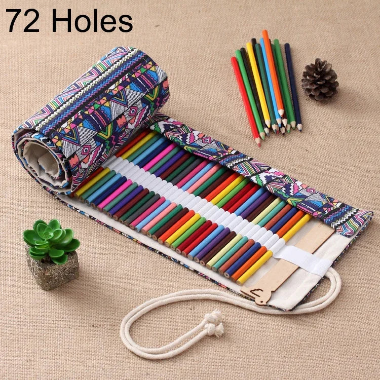 Túi bút in họa tiết dân tộc 72 ngăn, vải canvas, túi cuộn bọc bút, túi đựng văn phòng phẩm, 72 ngăn