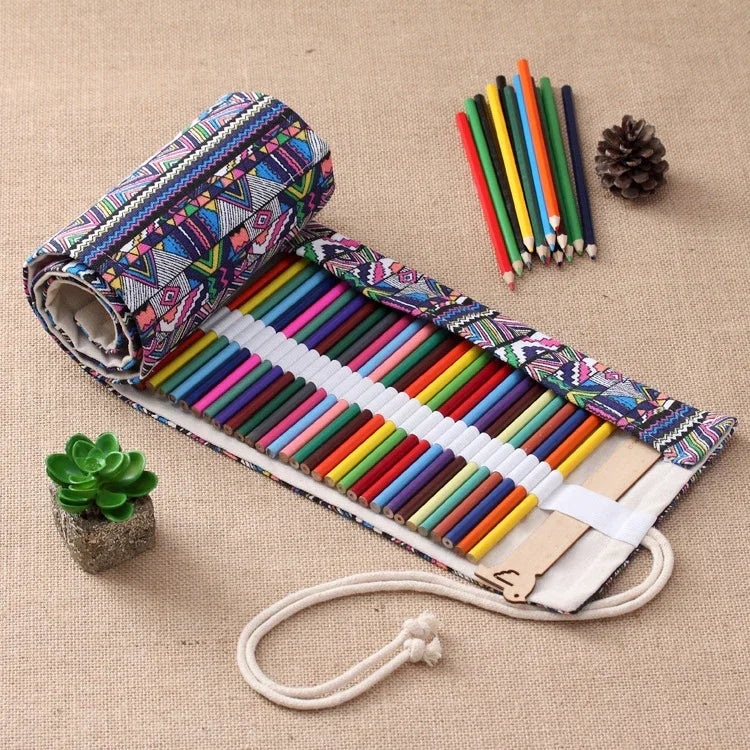 Túi bút in họa tiết dân tộc 72 ngăn, vải canvas, túi cuộn bọc bút, túi đựng văn phòng phẩm, 72 ngăn