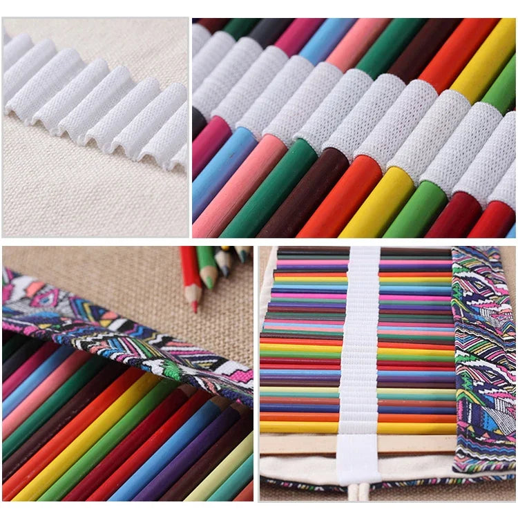 Túi bút in họa tiết dân tộc 72 ngăn, vải canvas, túi cuộn bọc bút, túi đựng văn phòng phẩm, 72 ngăn