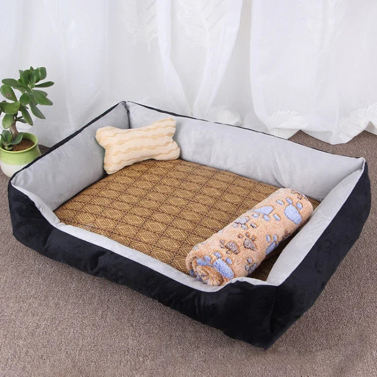 Thảm Chăn Chuồng Mềm Lớn Hình Xương Chó Ấm Áp, Kèm Thảm Mây & Chăn Kích thước: L, 80×60×15cm, Kích thước: L