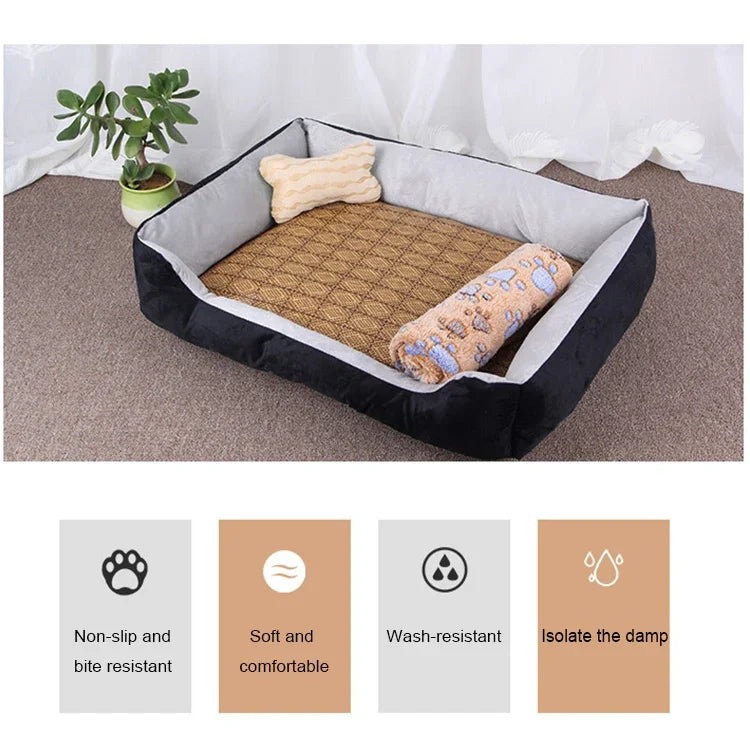 Thảm Chăn Chuồng Mềm Lớn Hình Xương Chó Ấm Áp, Kèm Thảm Mây & Chăn Kích thước: L, 80×60×15cm, Kích thước: L