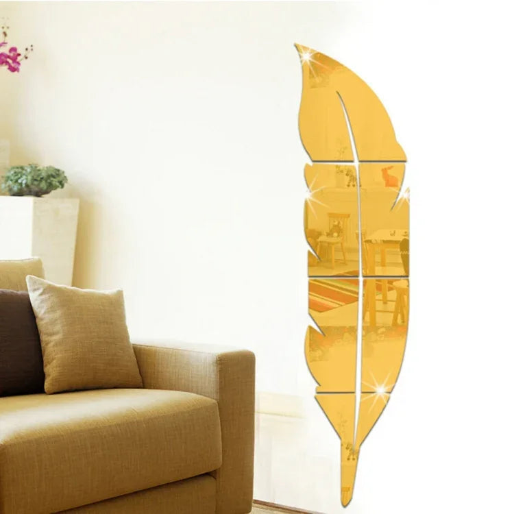 Decal dán tường gương acrylic phong cách lông vũ tự làm trang trí phòng, Kích thước: 30*120cm, 30*120cm (Bạc), 30*120cm (Vàng)