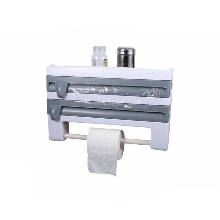 Giá đỡ cuộn màng bọc thực phẩm gắn tường nhà bếp, giá treo, thiết bị cắt, kích thước: 39 x 10 x 24cm, màu xám