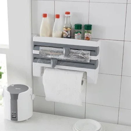 Giá đỡ cuộn màng bọc thực phẩm gắn tường nhà bếp, giá treo, thiết bị cắt, kích thước: 39 x 10 x 24cm, màu xám