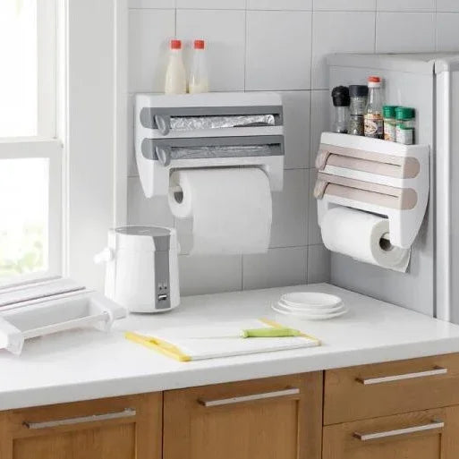 Giá đỡ cuộn màng bọc thực phẩm gắn tường nhà bếp, giá treo, thiết bị cắt, kích thước: 39 x 10 x 24cm, màu xám