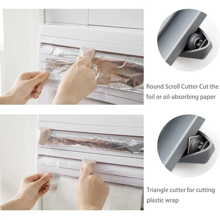 Giá đỡ cuộn màng bọc thực phẩm gắn tường nhà bếp, giá treo, thiết bị cắt, kích thước: 39 x 10 x 24cm, màu xám