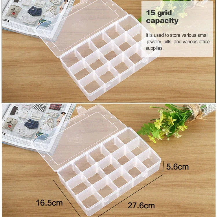 Hộp nhựa tổ chức ngăn lưới tháo rời cho trang sức, bông tai, móc câu, phụ kiện nhỏ, Kích thước: Lớn, 15 ngăn