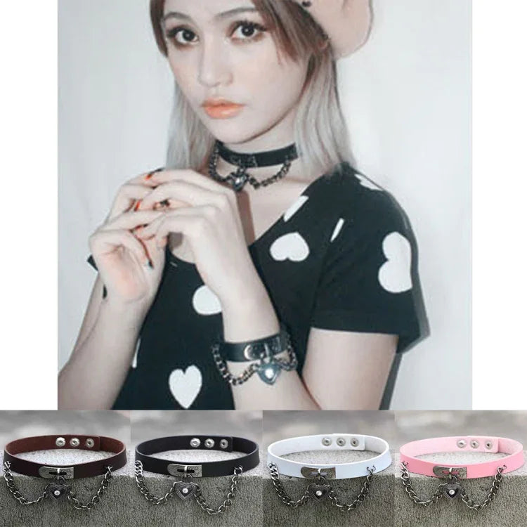 Vòng cổ choker vòng tay khóa hình trái tim bằng da phong cách punk Harajuku châu Âu và Mỹ, Giao màu ngẫu nhiên, TXXQ05
