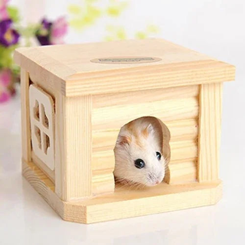 Nhà Gỗ Mái Bằng Chuồng Thú Cưng Cho Thỏ Chuột Hamster Nhỏ, Nhà Gỗ Mái Bằng