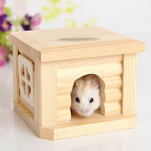 Nhà Gỗ Mái Bằng Chuồng Thú Cưng Cho Thỏ Chuột Hamster Nhỏ, Nhà Gỗ Mái Bằng