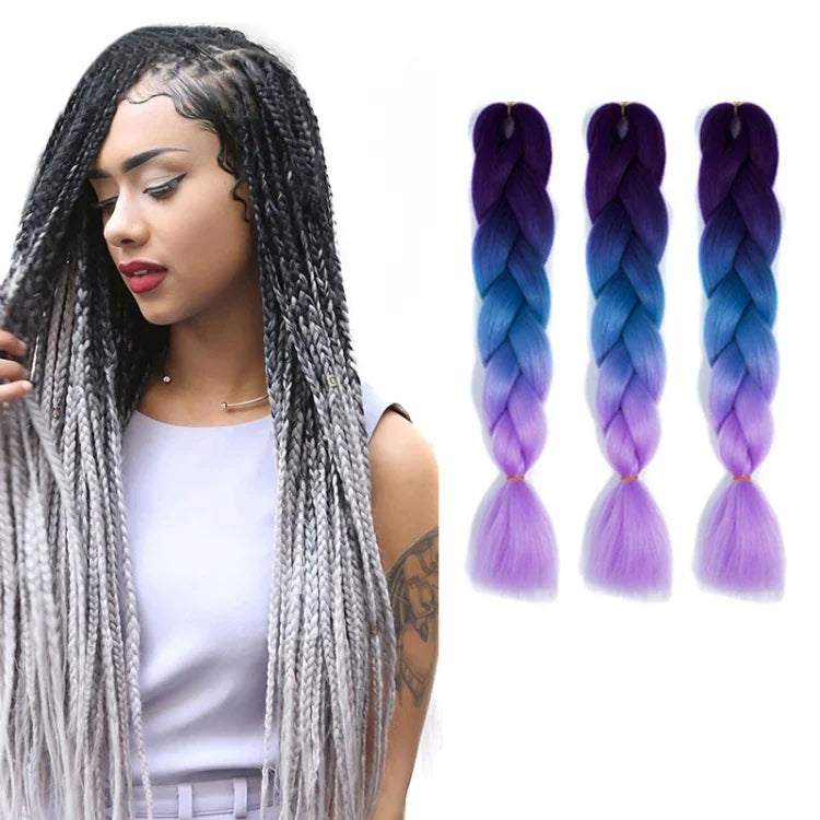 Tóc giả bím cá nhân màu gradient thời trang, sợi hóa học, bím lớn, dài 60cm (56 tím + xanh hồ + tím nhạt), 21, 35, 37, 38, 44, 45, 46, 47, 49, 50, 51, 56