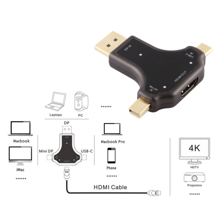 D63A Bộ chuyển đổi 3 trong 1 DisplayPort + Mini DP + USB-C / Type-C đực sang HDMI cái, D63A