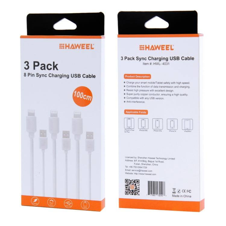 Bộ 3 cáp sạc và đồng bộ HAWEEL 1m tốc độ cao 8 chân sang USB cho iPhone, iPad, 3 cái